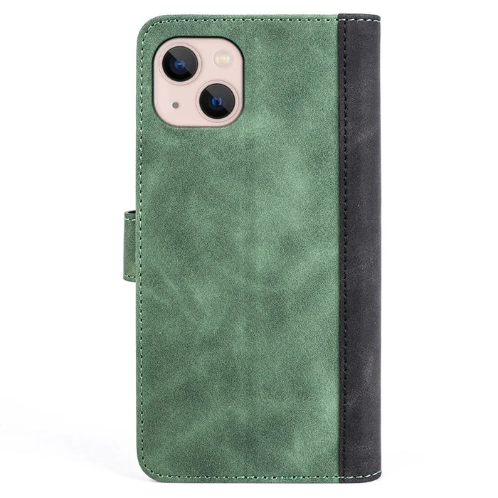 Phone Protective Cover Leather Case for iPhone 13 6.1 inch, Color Splicing Stand Wallet Function Smartphone Shell - Green - 7
