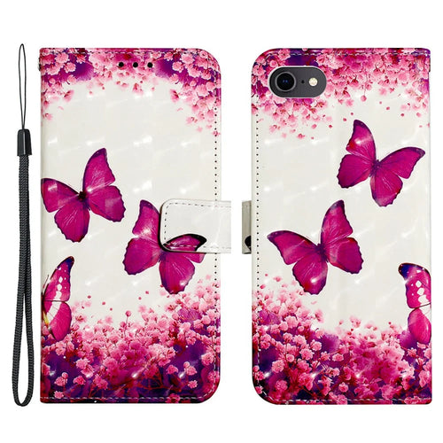 For iPhone SE (2020) / SE (2022) / 7 / 8 Leather Case 3D Pattern Printing Wallet Stand Mobile Cover with Strap - Rose Butterflies - 1