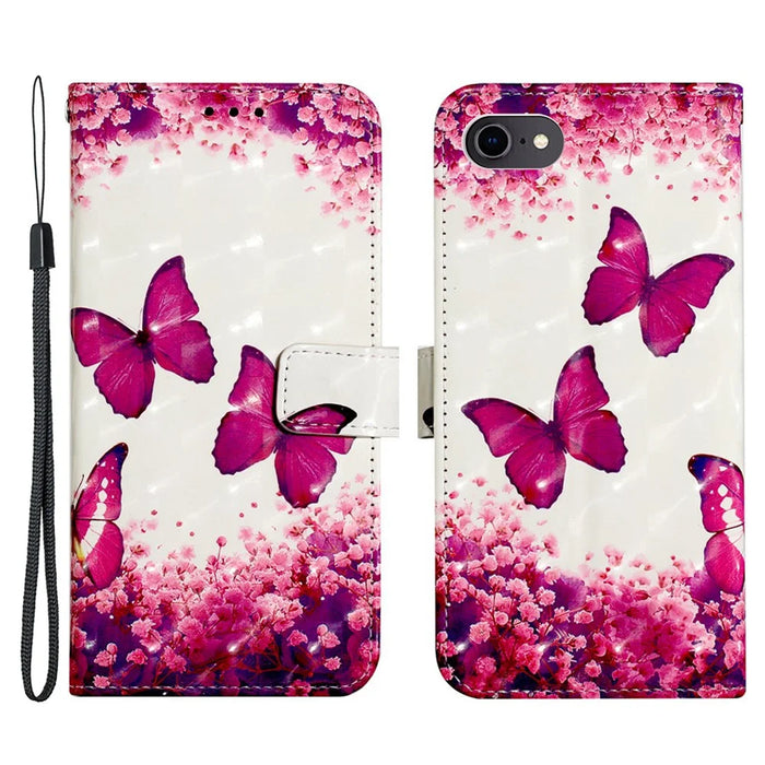 For iPhone SE (2020) / SE (2022) / 7 / 8 Leather Case 3D Pattern Printing Wallet Stand Mobile Cover with Strap - Rose Butterflies - 1