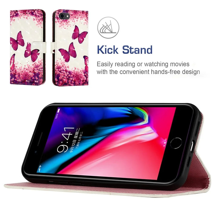 For iPhone SE (2020) / SE (2022) / 7 / 8 Leather Case 3D Pattern Printing Wallet Stand Mobile Cover with Strap - Rose Butterflies - 5