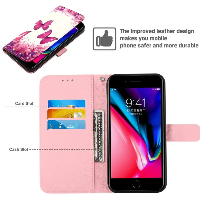 For iPhone SE (2020) / SE (2022) / 7 / 8 Leather Case 3D Pattern Printing Wallet Stand Mobile Cover with Strap - Rose Butterflies - 6
