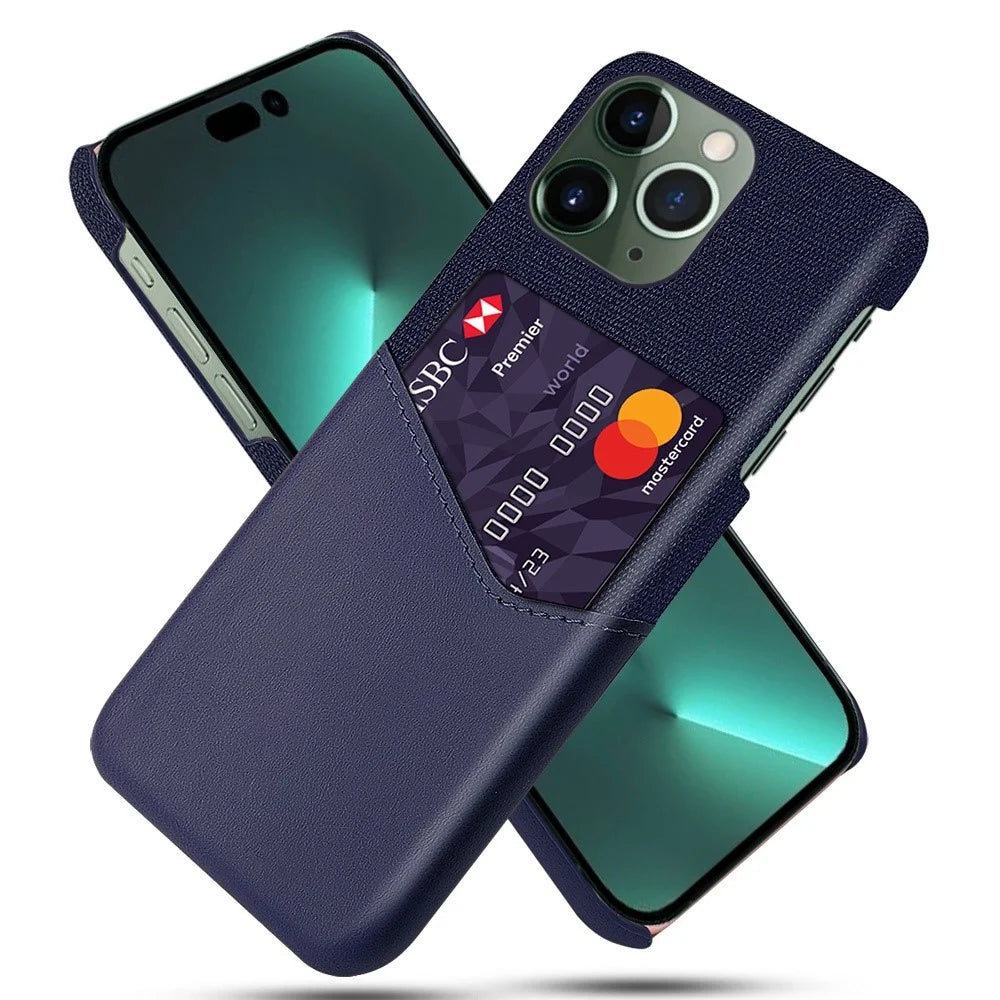 For iPhone 14 Pro Max 6.7 inch Shockproof Well-protected Card Slot Cloth Texture Phone Case PU Leather Coated Hard PC Shell - Blue - 1