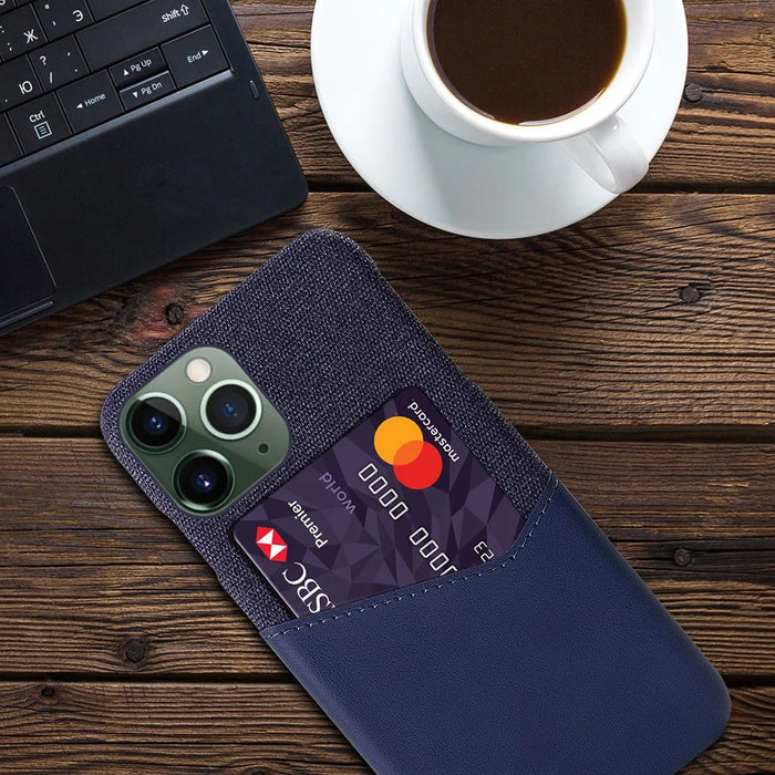 For iPhone 14 Pro Max 6.7 inch Shockproof Well-protected Card Slot Cloth Texture Phone Case PU Leather Coated Hard PC Shell - Blue - 4