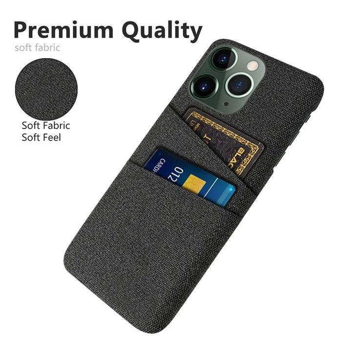 For iPhone 14 Pro Max 6.7 inch Cloth Texture Dual Card Slots Protective Phone Case Cloth + PC Back Cover - Black - 3