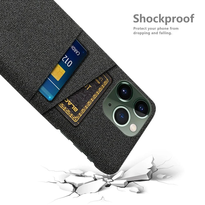 For iPhone 14 Pro Max 6.7 inch Cloth Texture Dual Card Slots Protective Phone Case Cloth + PC Back Cover - Black - 4