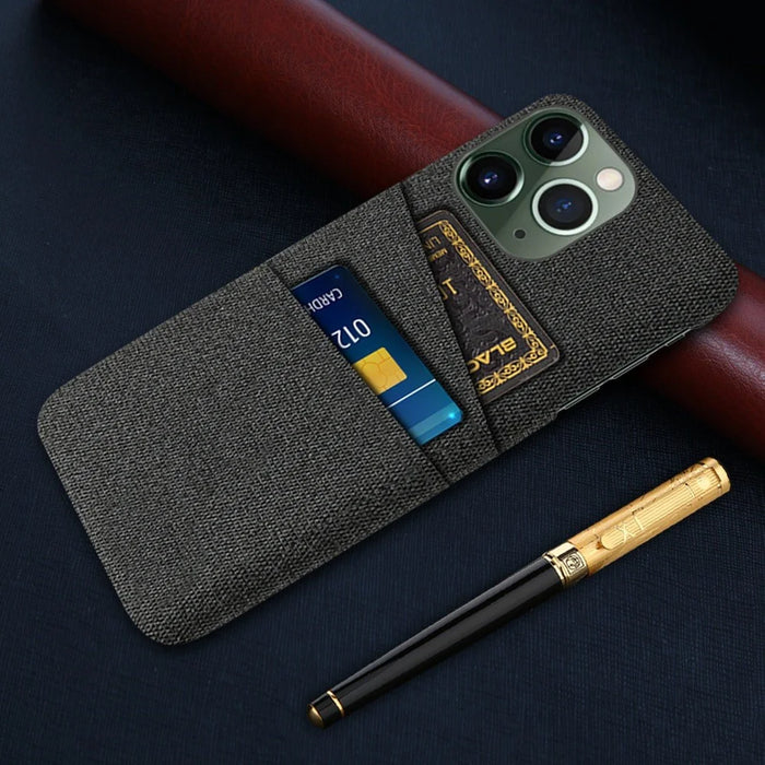 For iPhone 14 Pro Max 6.7 inch Cloth Texture Dual Card Slots Protective Phone Case Cloth + PC Back Cover - Black - 5