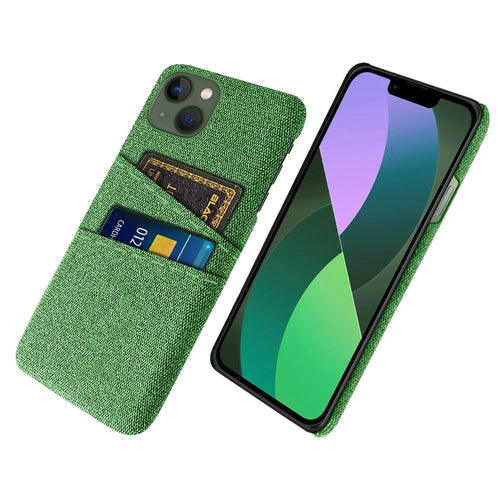 For iPhone 14 Plus 6.7 inch Cloth + PC Back Case Dual Card Slots Cloth Texture Anti-slip Phone Shell - Green - 1
