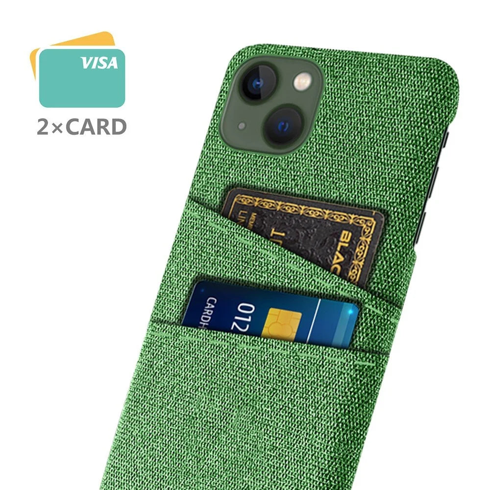 For iPhone 14 Plus 6.7 inch Cloth + PC Back Case Dual Card Slots Cloth Texture Anti-slip Phone Shell - Green - 2