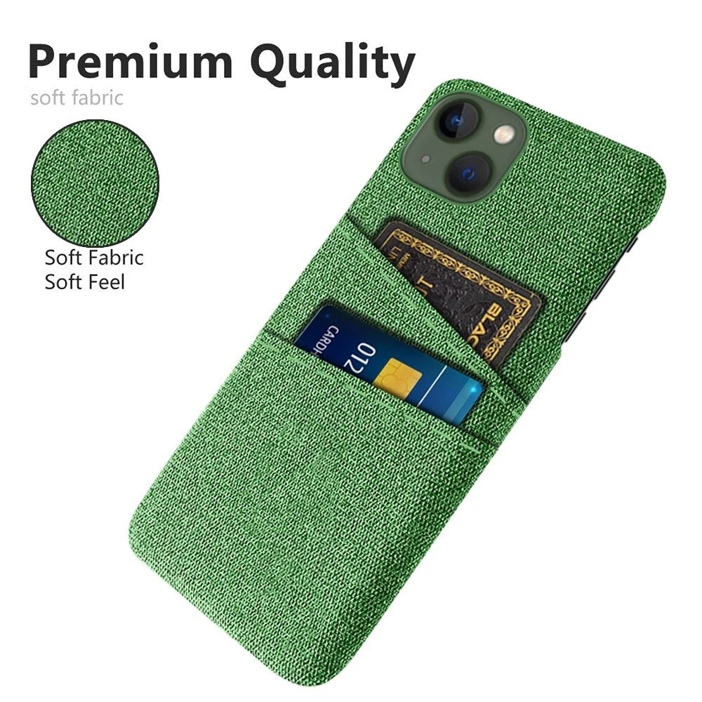 For iPhone 14 Plus 6.7 inch Cloth + PC Back Case Dual Card Slots Cloth Texture Anti-slip Phone Shell - Green - 3