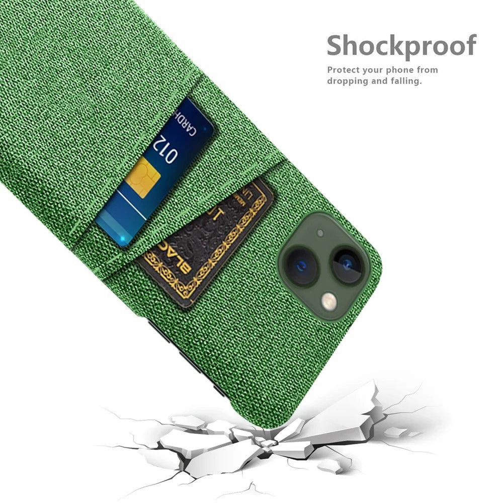 For iPhone 14 Plus 6.7 inch Cloth + PC Back Case Dual Card Slots Cloth Texture Anti-slip Phone Shell - Green - 4