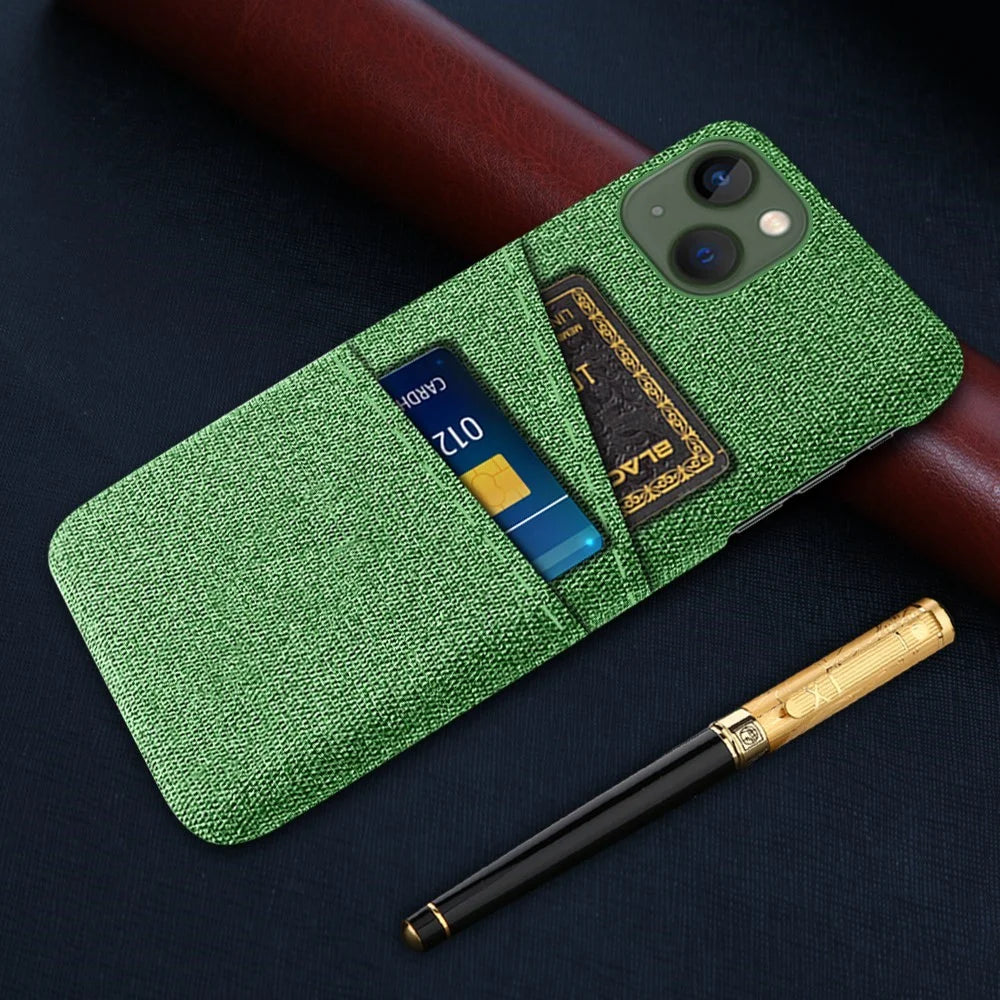For iPhone 14 Plus 6.7 inch Cloth + PC Back Case Dual Card Slots Cloth Texture Anti-slip Phone Shell - Green - 5