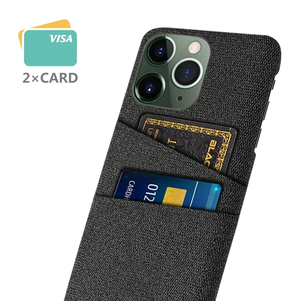 For iPhone 14 Pro 6.1 inch Cloth + PC Dual Layer Phone Case Cloth Texture Double Card Slots Protective Cover - Black - 2
