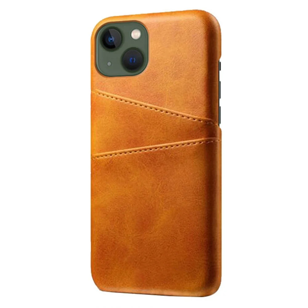 Wear-resistant Phone Case for iPhone 14 6.1 inch, PU Leather Coated Hard PC Dual Card Slots Protector - Orange - 2