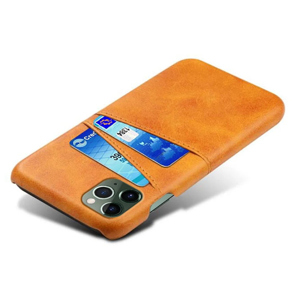 Wear-resistant Phone Case for iPhone 14 6.1 inch, PU Leather Coated Hard PC Dual Card Slots Protector - Orange - 4