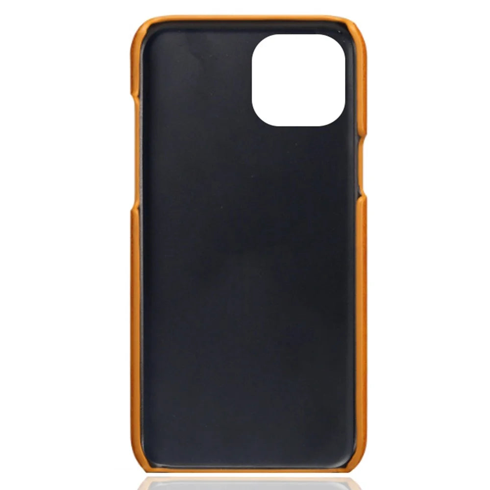 Wear-resistant Phone Case for iPhone 14 6.1 inch, PU Leather Coated Hard PC Dual Card Slots Protector - Orange - 5