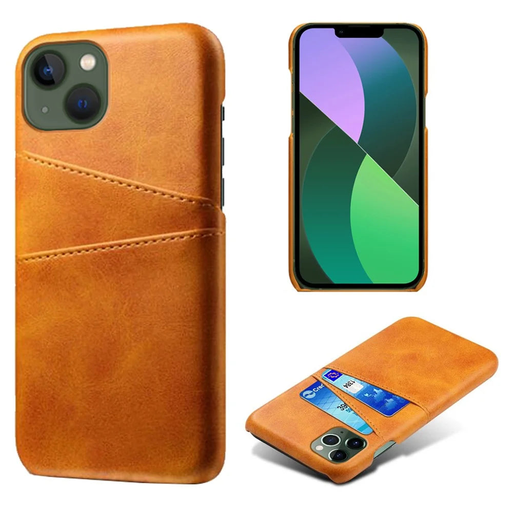 Drop-proof Phone Case for iPhone 14 Plus 6.7 inch, PU Leather Coated Hard PC Phone Shell with Dual Card Slots - Orange - 1