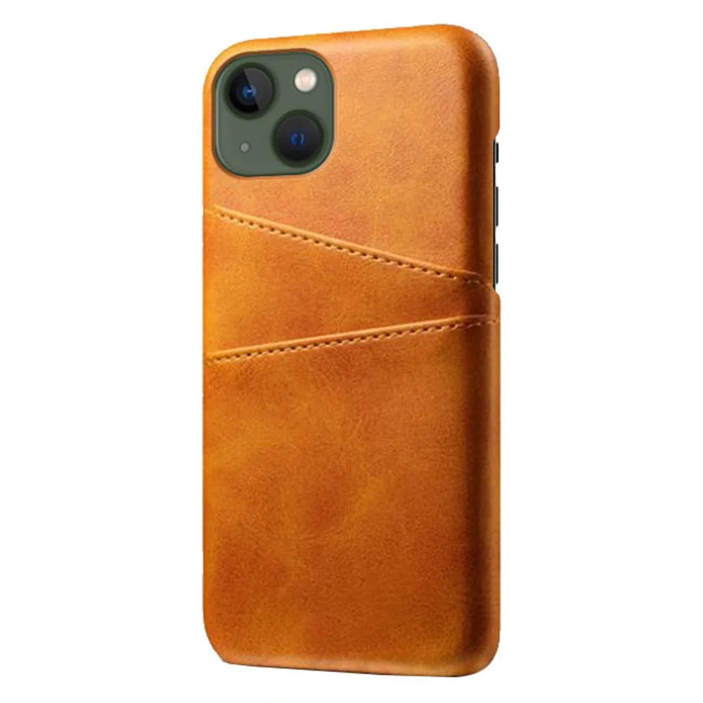 Drop-proof Phone Case for iPhone 14 Plus 6.7 inch, PU Leather Coated Hard PC Phone Shell with Dual Card Slots - Orange - 2