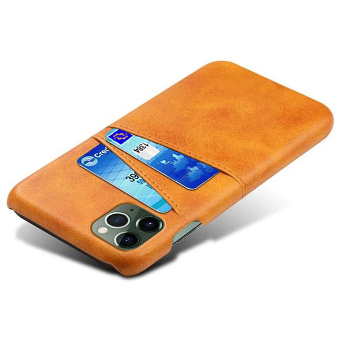 Drop-proof Phone Case for iPhone 14 Plus 6.7 inch, PU Leather Coated Hard PC Phone Shell with Dual Card Slots - Orange - 4