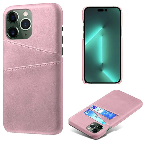Mobile Phone Case for iPhone 14 Pro 6.1 inch, PU Leather Coated Hard PC Shockproof Dual Card Slots Shell - Rose Gold - 1