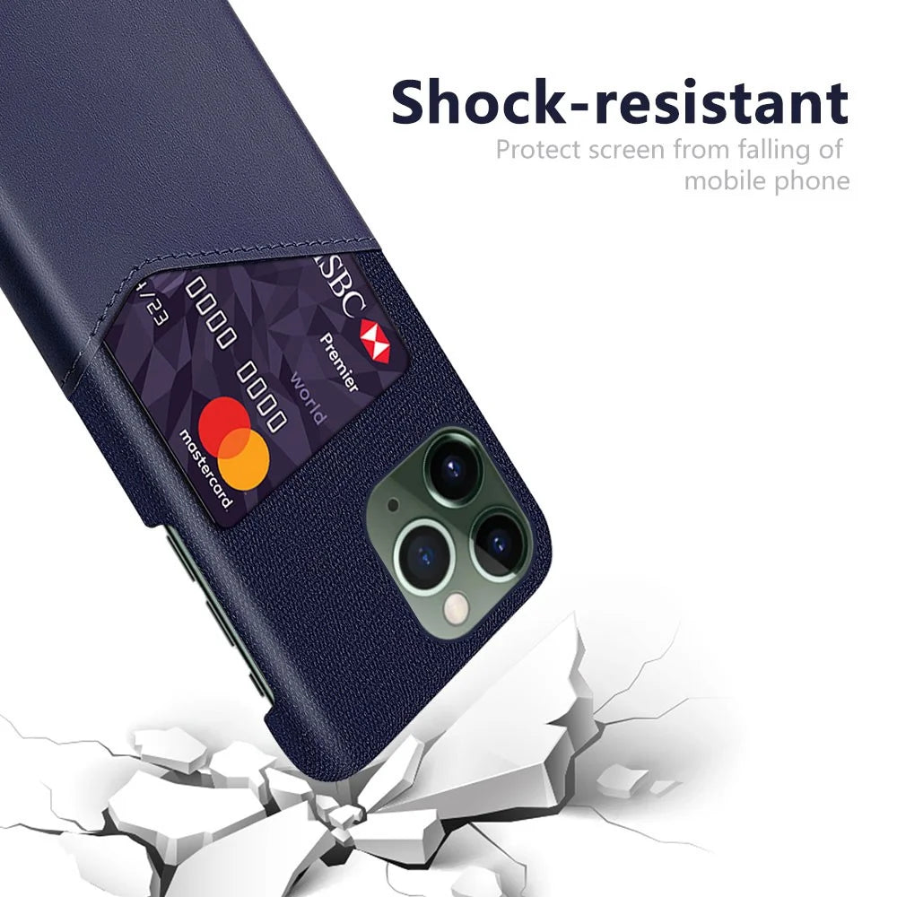 For iPhone 14 Pro 6.1 inch Smartphone Cover Card Slot Cloth Texture PU Leather Coated Hard PC Phone Case - Blue - 3