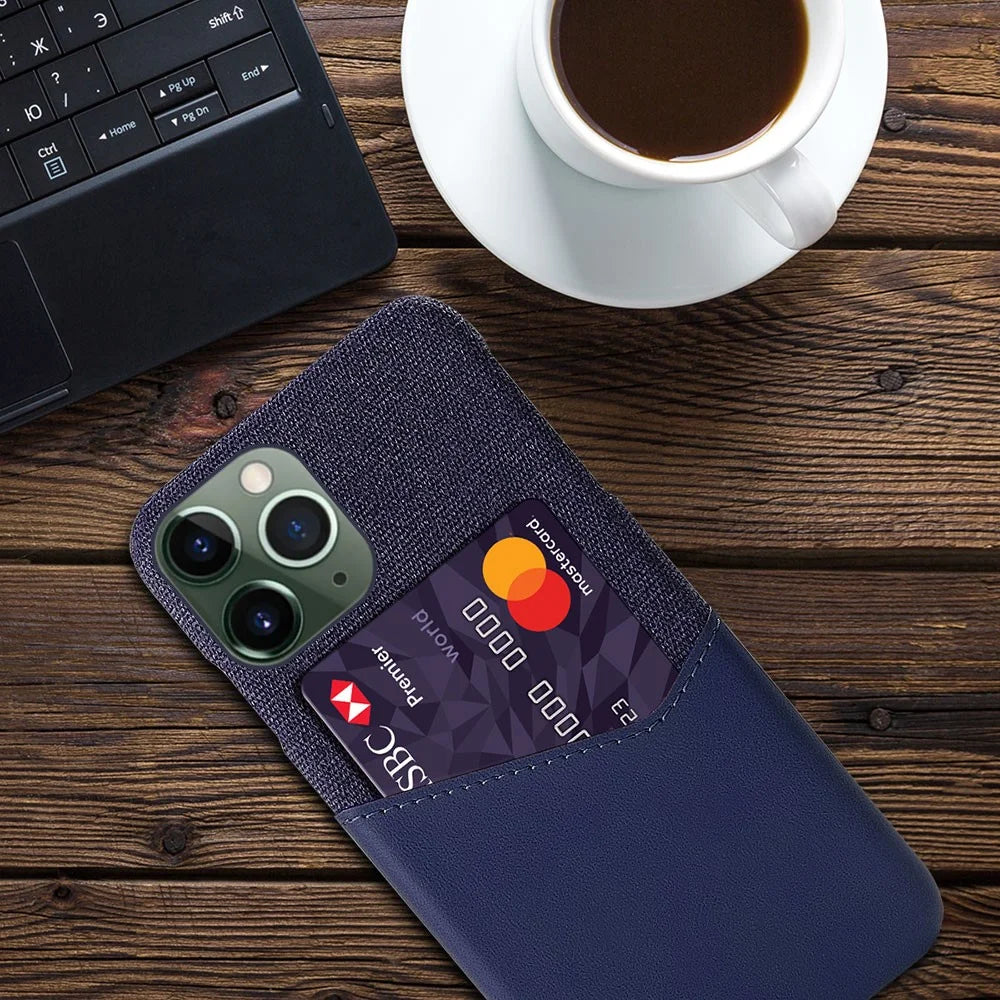 For iPhone 14 Pro 6.1 inch Smartphone Cover Card Slot Cloth Texture PU Leather Coated Hard PC Phone Case - Blue - 4