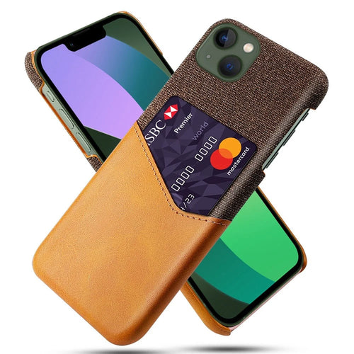 For iPhone 14 Plus 6.7 inch Cloth Texture Anti-drop Phone Case PU Leather Coated Hard PC Protective Shell with Card Slot - Orange - 1