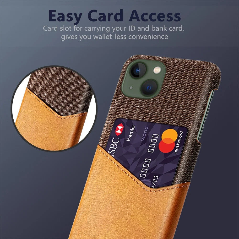 For iPhone 14 Plus 6.7 inch Cloth Texture Anti-drop Phone Case PU Leather Coated Hard PC Protective Shell with Card Slot - Orange - 2