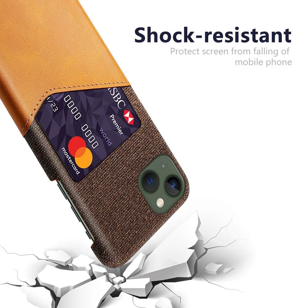 For iPhone 14 Plus 6.7 inch Cloth Texture Anti-drop Phone Case PU Leather Coated Hard PC Protective Shell with Card Slot - Orange - 3
