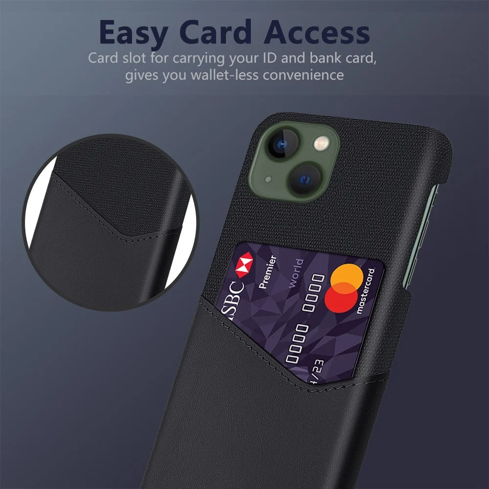 For iPhone 14 6.1 inch Cloth Texture Phone Protector PU Leather Coated Hard PC Cover Shell with Card Slot - Black - 2