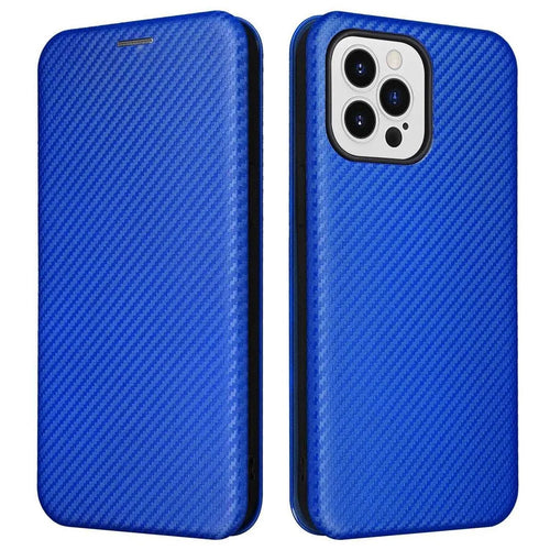 For iPhone 14 Pro Max 6.7 inch Anti-scratch Phone Cover with Card Slot Folio Stand Book Case Magnetic Absorption Carbon Fiber Texture PU Leather Flip Cover - Blue - 1