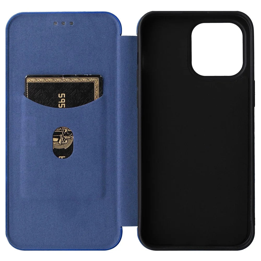 For iPhone 14 Pro Max 6.7 inch Anti-scratch Phone Cover with Card Slot Folio Stand Book Case Magnetic Absorption Carbon Fiber Texture PU Leather Flip Cover - Blue - 2