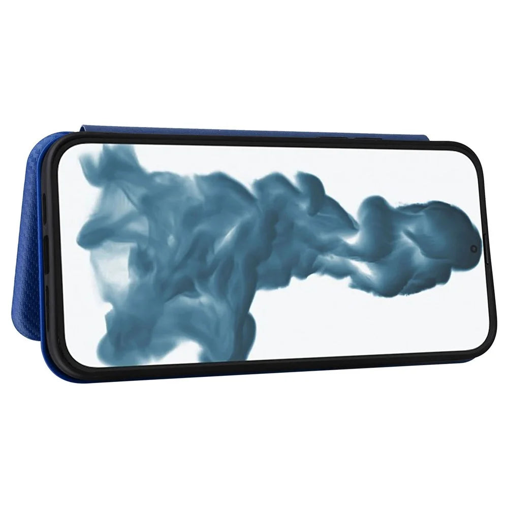For iPhone 14 Pro Max 6.7 inch Anti-scratch Phone Cover with Card Slot Folio Stand Book Case Magnetic Absorption Carbon Fiber Texture PU Leather Flip Cover - Blue - 3
