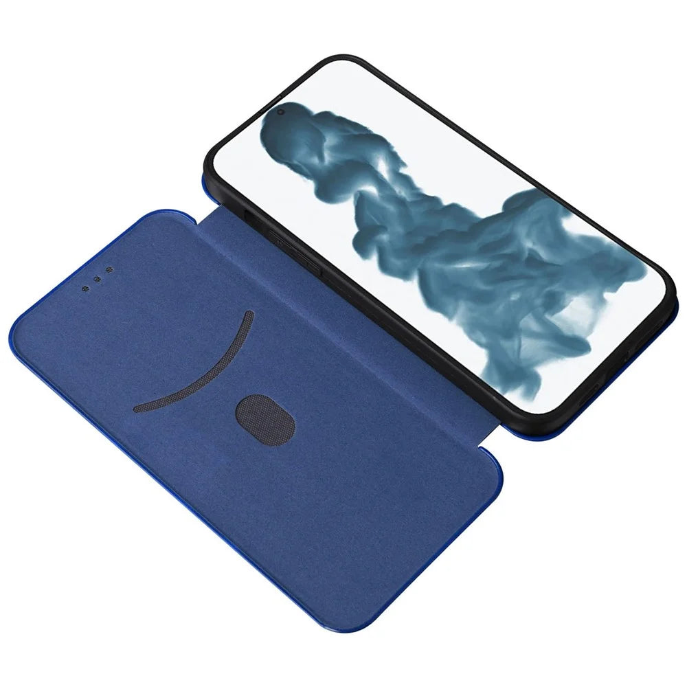 For iPhone 14 Pro Max 6.7 inch Anti-scratch Phone Cover with Card Slot Folio Stand Book Case Magnetic Absorption Carbon Fiber Texture PU Leather Flip Cover - Blue - 4