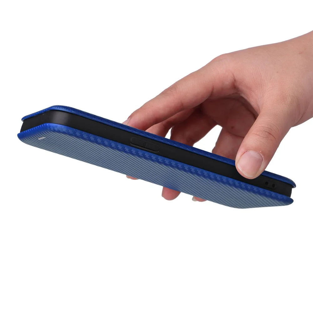 For iPhone 14 Pro Max 6.7 inch Anti-scratch Phone Cover with Card Slot Folio Stand Book Case Magnetic Absorption Carbon Fiber Texture PU Leather Flip Cover - Blue - 6