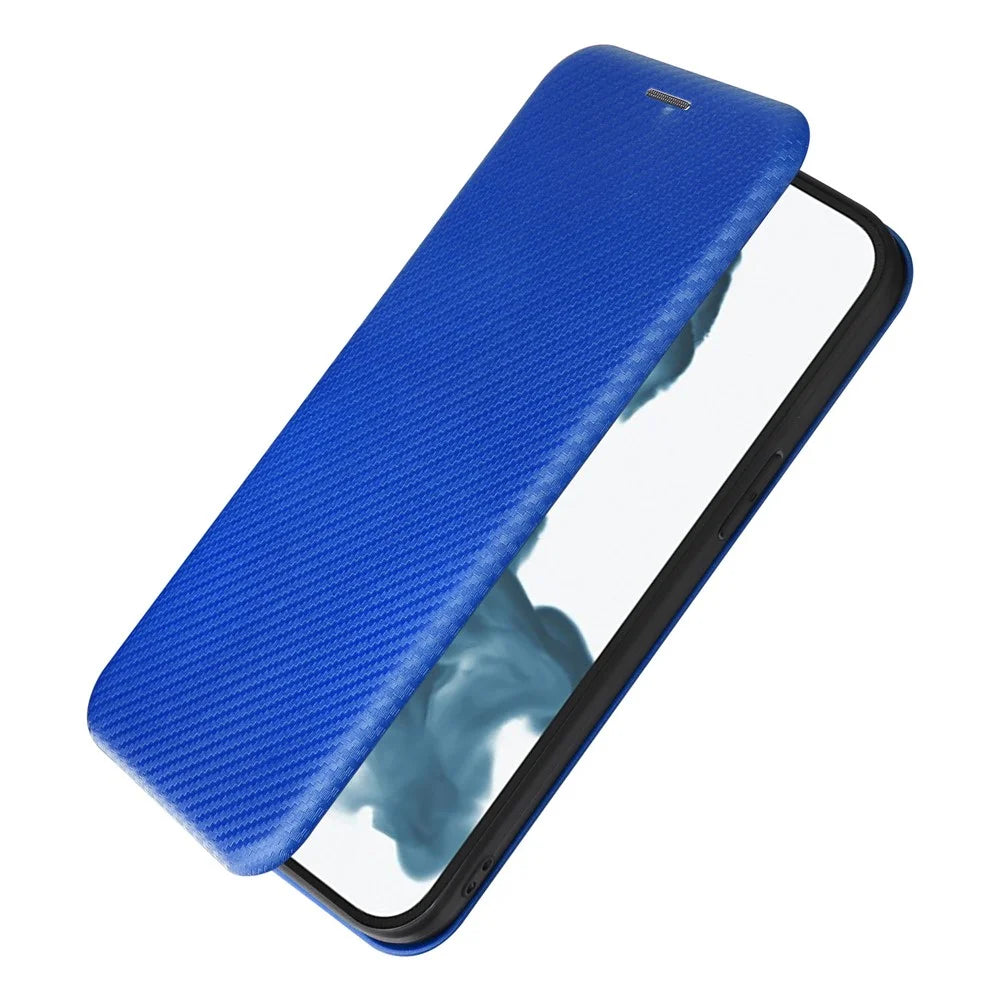 For iPhone 14 Pro Max 6.7 inch Anti-scratch Phone Cover with Card Slot Folio Stand Book Case Magnetic Absorption Carbon Fiber Texture PU Leather Flip Cover - Blue - 7
