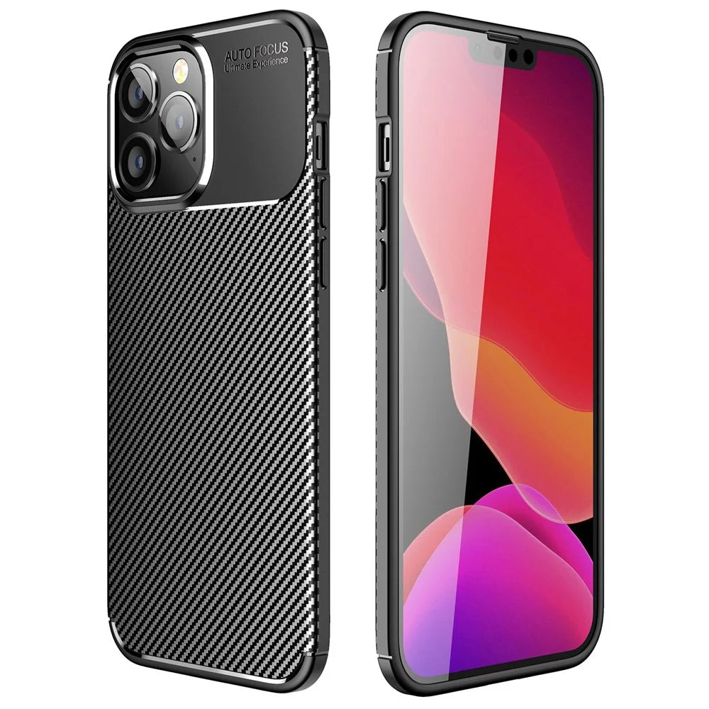 For iPhone 14 Pro Max 6.7 inch Shock Absorbing Soft TPU Phone Case Carbon Fiber Texture Non-Slip Shell - Black - 1