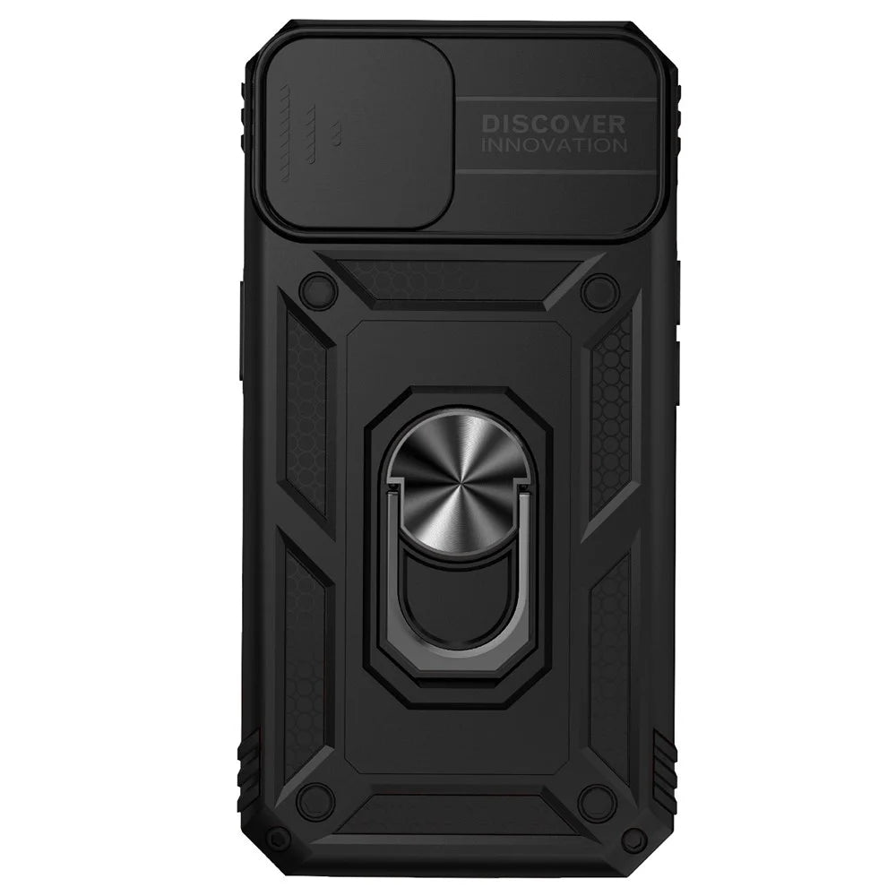 for iPhone 14 Plus 6.7 inch Hard PC + Soft TPU Shockproof Kickstand Case Phone Shell with Slide Camera Protection Cover - Black - 2
