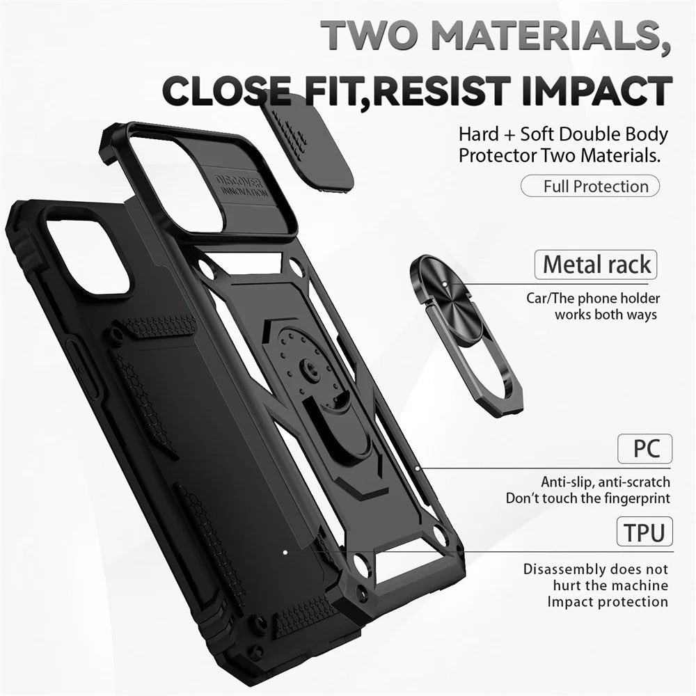 for iPhone 14 Plus 6.7 inch Hard PC + Soft TPU Shockproof Kickstand Case Phone Shell with Slide Camera Protection Cover - Black - 4