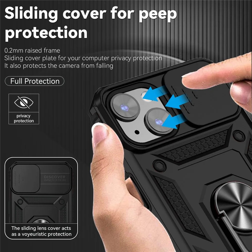 for iPhone 14 Plus 6.7 inch Hard PC + Soft TPU Shockproof Kickstand Case Phone Shell with Slide Camera Protection Cover - Black - 6