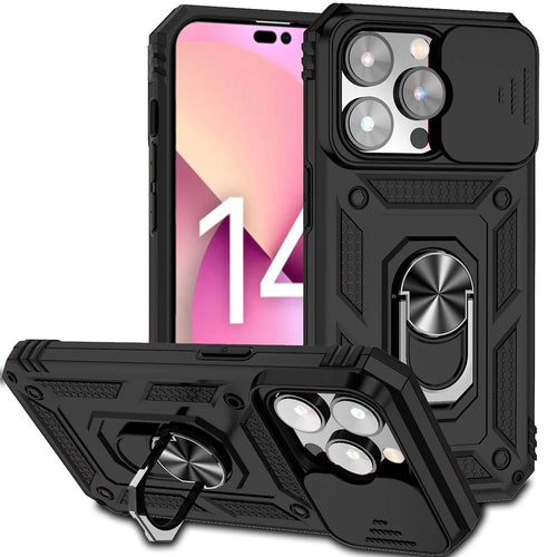 for iPhone 14 Pro Max 6.7 inch Hard PC + Soft TPU Military-grade Anti-drop Case Kickstand Feature Phone Shell with Slide Camera Protection Cover - Black - 1