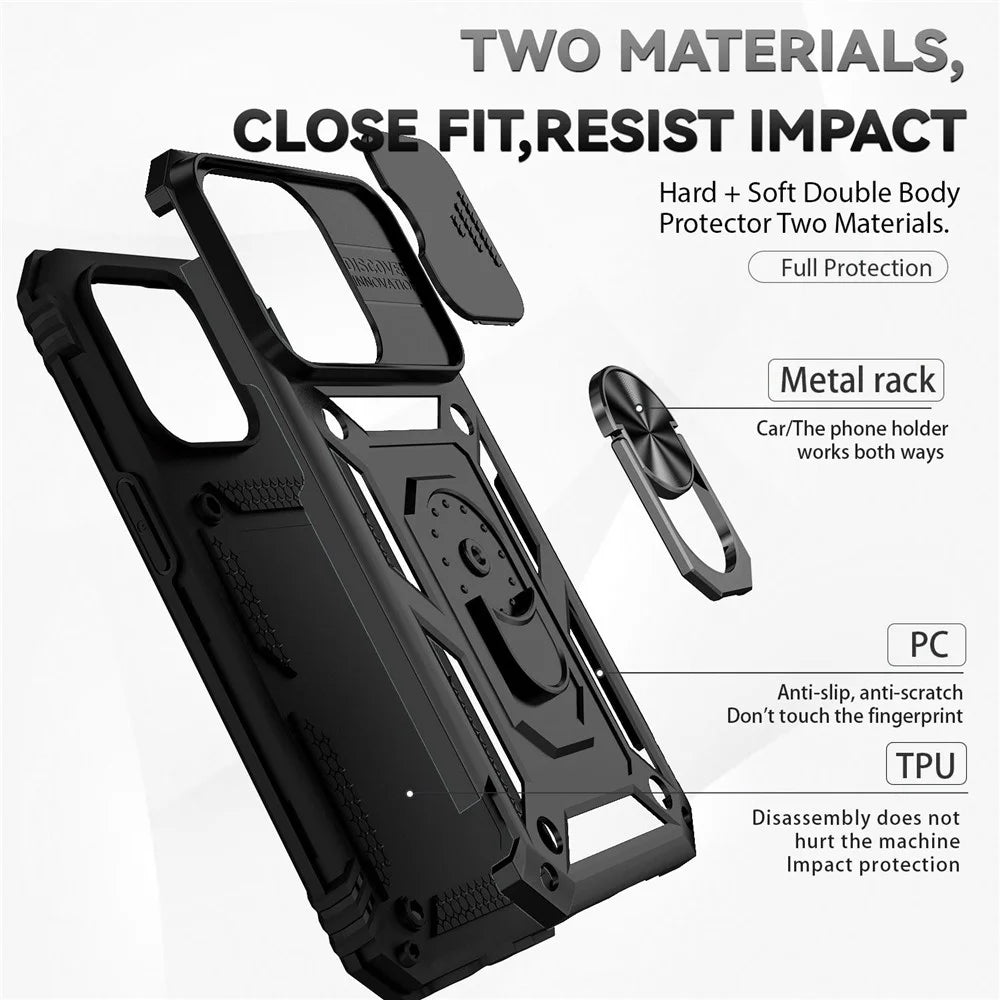 for iPhone 14 Pro Max 6.7 inch Hard PC + Soft TPU Military-grade Anti-drop Case Kickstand Feature Phone Shell with Slide Camera Protection Cover - Black - 4