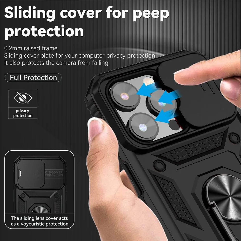 for iPhone 14 Pro Max 6.7 inch Hard PC + Soft TPU Military-grade Anti-drop Case Kickstand Feature Phone Shell with Slide Camera Protection Cover - Black - 6