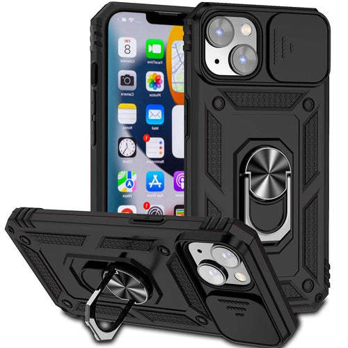 For iPhone 14 6.1 inch 360-degree Rotary Kickstand Case Hard PC + TPU All-inclusive Protection Phone Cover with Slide Camera Protection Cover - Black - 1
