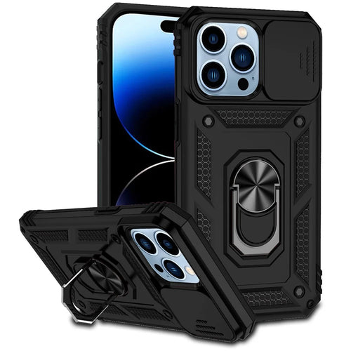 For iPhone 14 Pro 6.1 inch Hard PC + Soft TPU Rotary Kickstand Case Anti-fall Phone Cover with Slide Camera Protection Cover - Black - 1