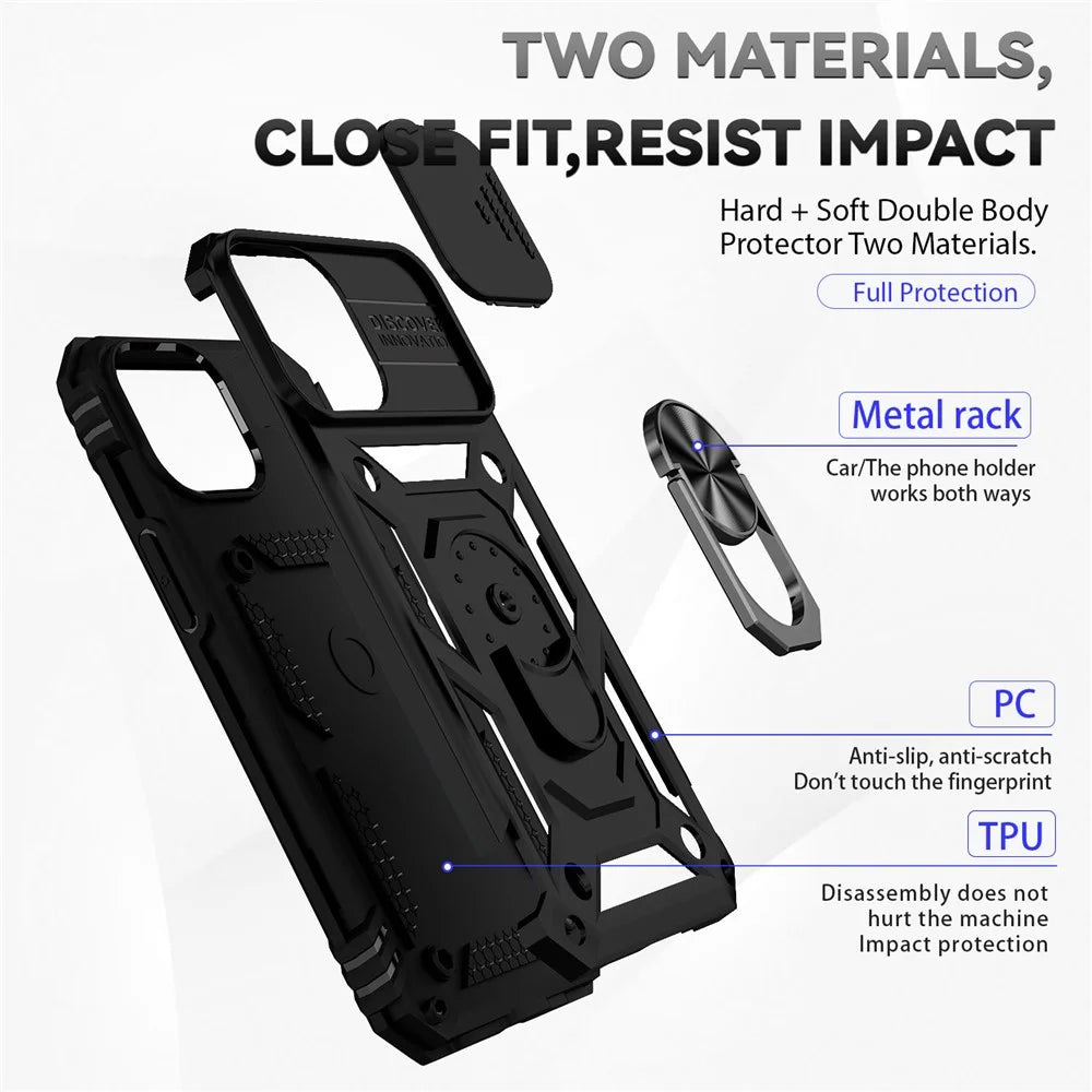 For iPhone 14 Pro 6.1 inch Hard PC + Soft TPU Rotary Kickstand Case Anti-fall Phone Cover with Slide Camera Protection Cover - Black - 3