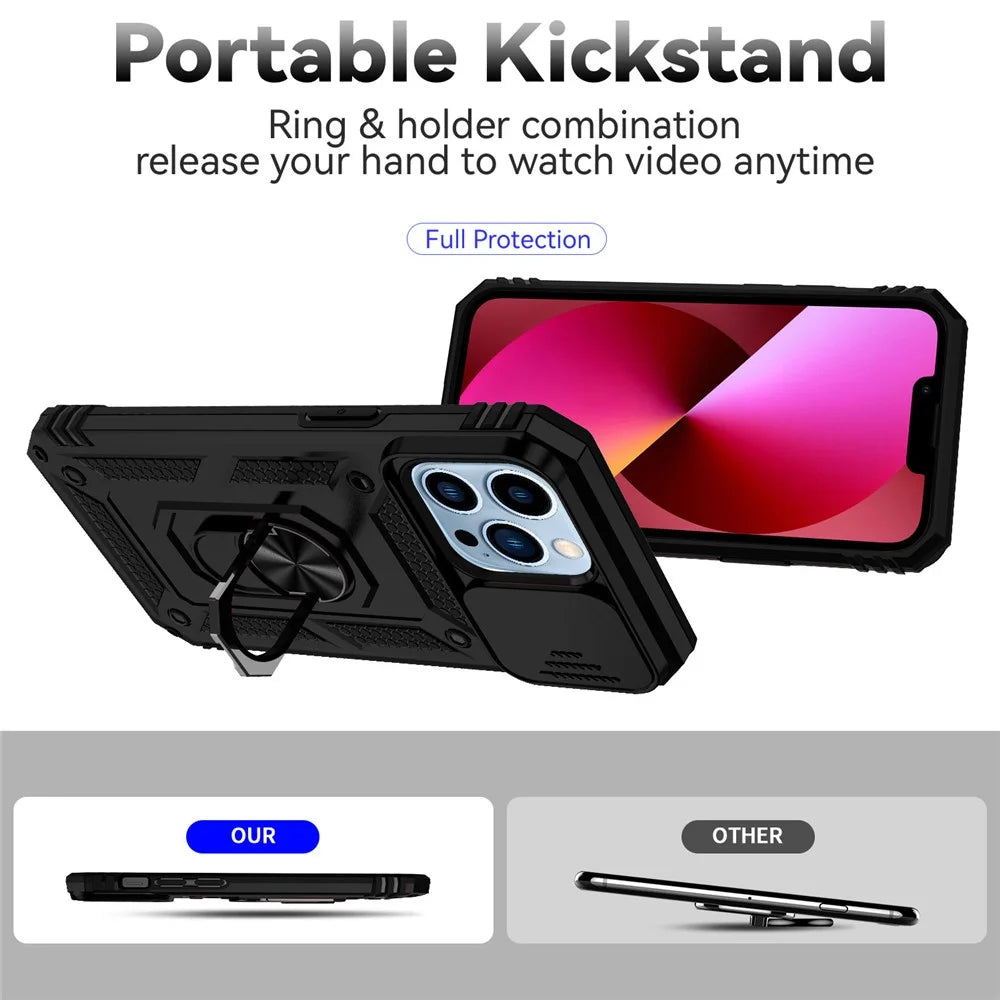 For iPhone 14 Pro 6.1 inch Hard PC + Soft TPU Rotary Kickstand Case Anti-fall Phone Cover with Slide Camera Protection Cover - Black - 6
