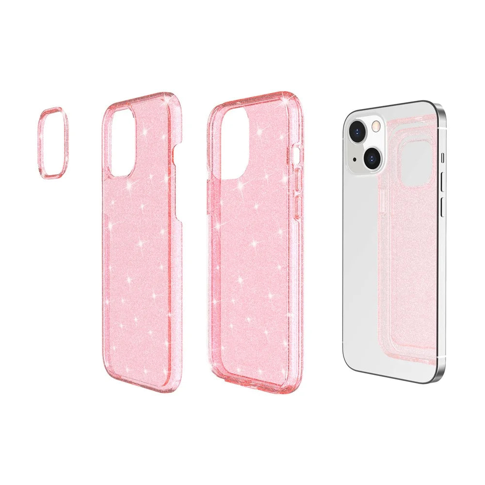 Shiny Glittery Powder Phone Case for iPhone 14 6.1 inch, Shockproof Soft TPU + Hard PC Protective Cover - Pink - 5