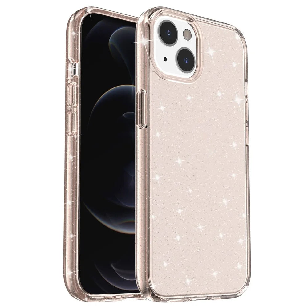 Glittery Powder Soft TPU Hard PC Case for iPhone 14 Plus 6.7 inch, Anti-scratch Protective Phone Cover - Gold - 1
