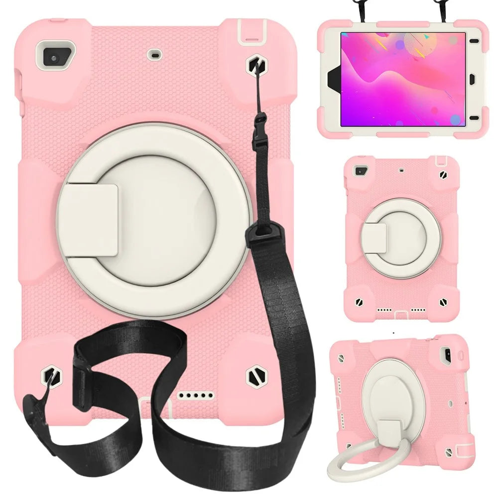 For iPad mini (2019) 7.9 inch/mini 4 Shock Absorbing Kickstand Tablet Cover Reinforced Corner Drop-proof Case with Shoulder Strap - Sakura Pink - 1