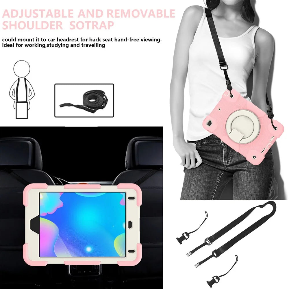 For iPad mini (2019) 7.9 inch/mini 4 Shock Absorbing Kickstand Tablet Cover Reinforced Corner Drop-proof Case with Shoulder Strap - Sakura Pink - 7